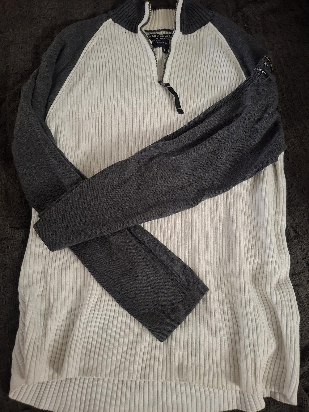 Nautica Two-Tone White and Charcoal Quarter-Zip Knit Pullover